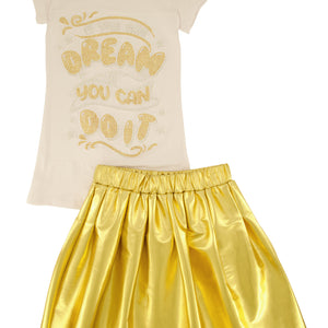 Little Girls Rhinestone Graphic Top and Faux Leather Pleated Skort