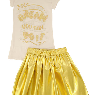 Little Girls Rhinestone Graphic Top and Faux Leather Pleated Skort