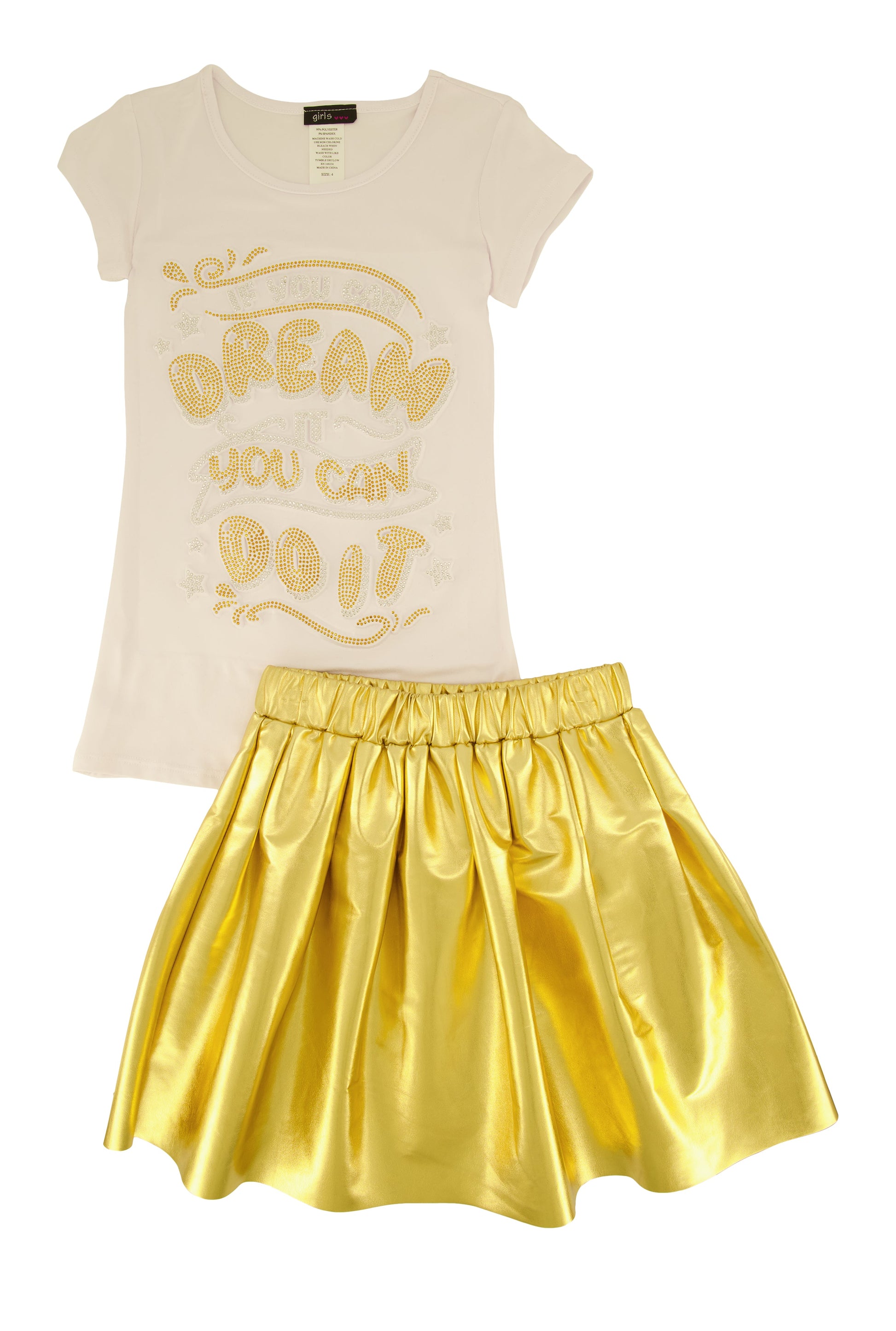 Little Girls Rhinestone Graphic Top and Faux Leather Pleated Skort