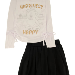 Little Girls Happiness Bear Rhinestone Graphic Top and Pleated Skirt