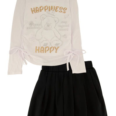 Little Girls Happiness Bear Rhinestone Graphic Top and Pleated Skirt