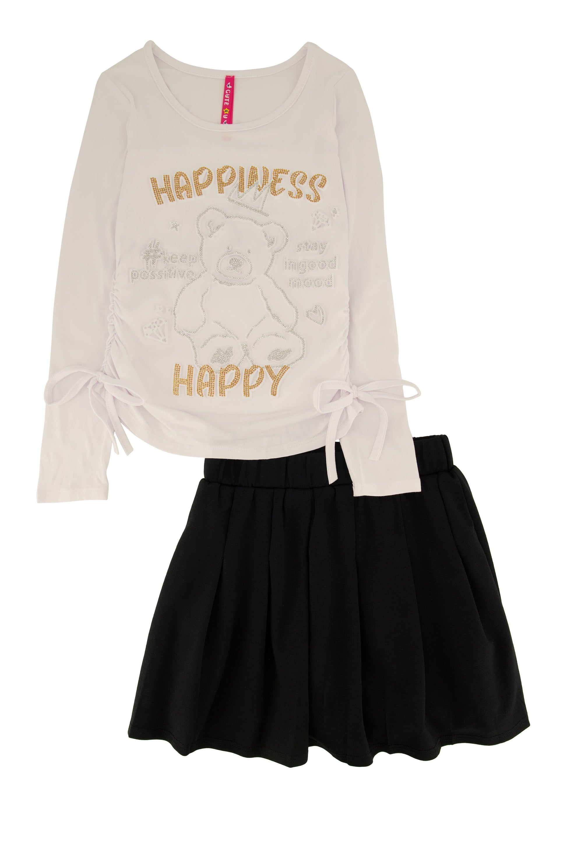 Little Girls Happiness Bear Rhinestone Graphic Top and Pleated Skirt