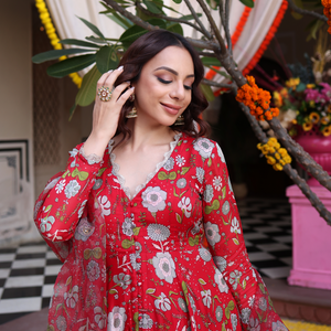 Red Dahlia Dreamscape Printed Chinon Suit Set