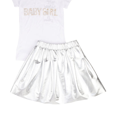 Girls Baby Girl Studded Tee and Metallic Pleated Skirt