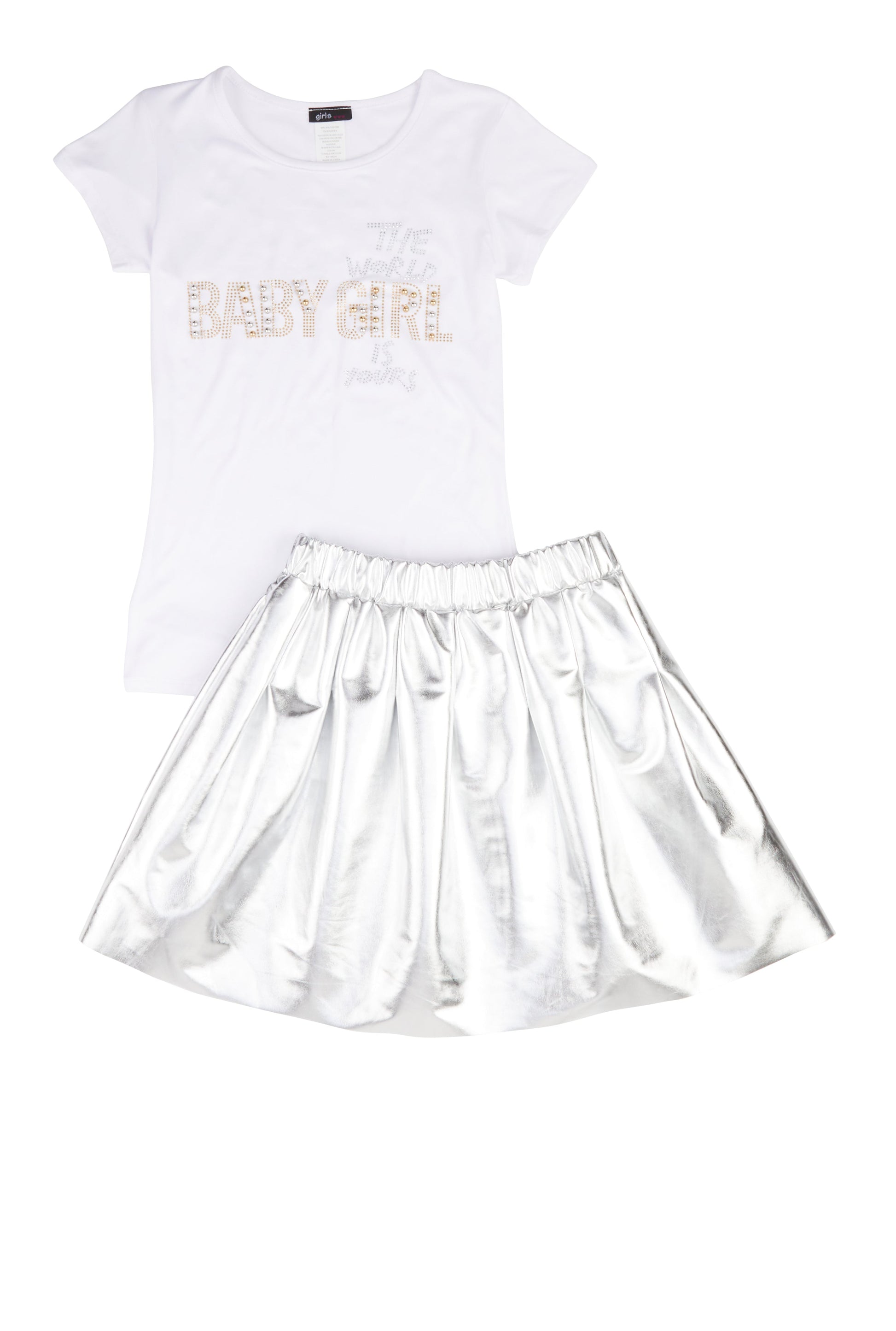 Girls Baby Girl Studded Tee and Metallic Pleated Skirt