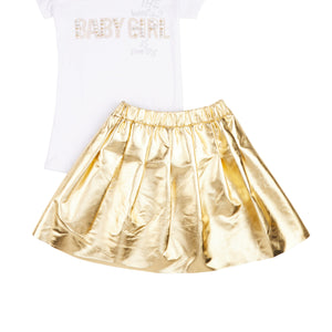 Girls Baby Girl Studded Tee and Metallic Pleated Skirt