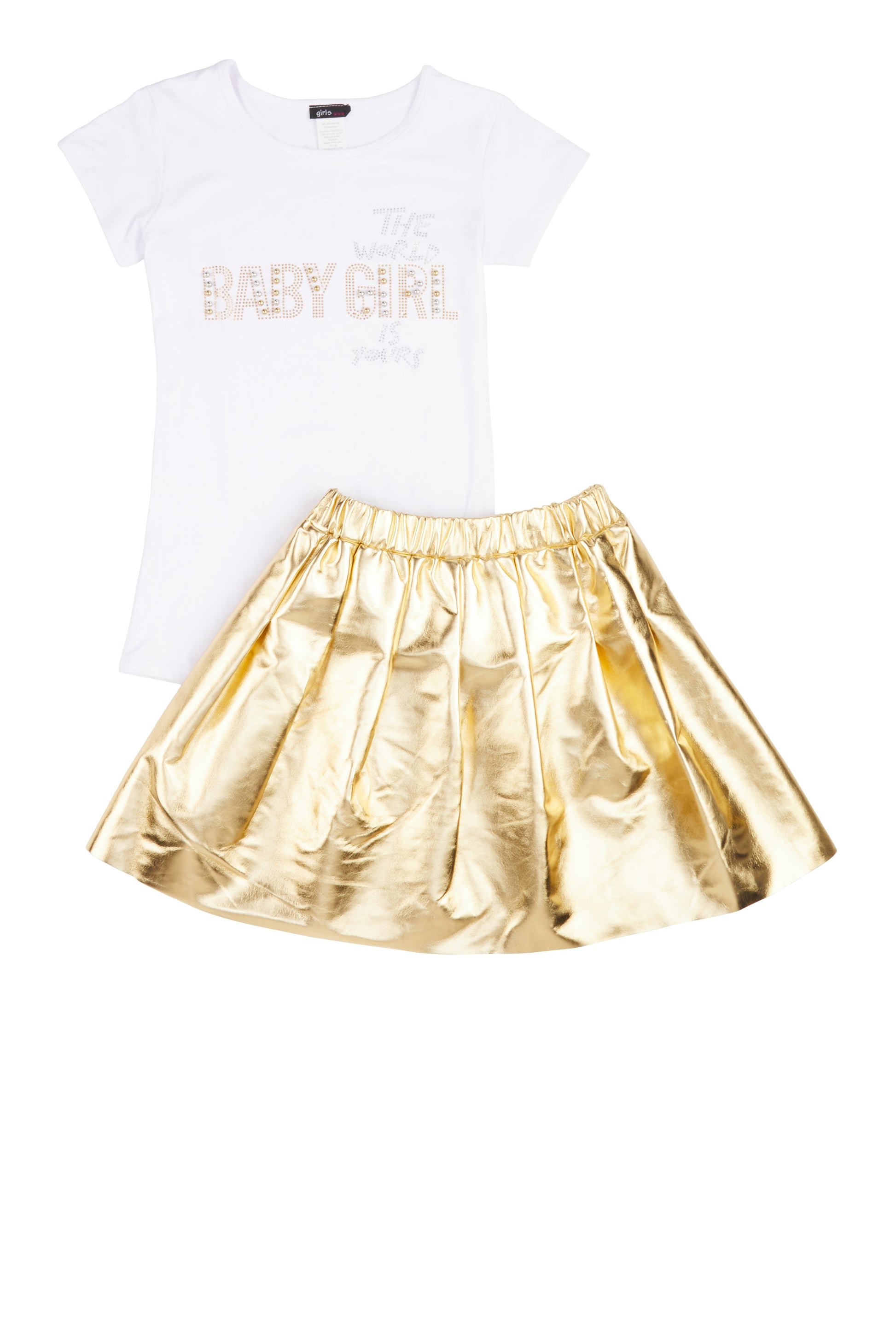 Girls Baby Girl Studded Tee and Metallic Pleated Skirt