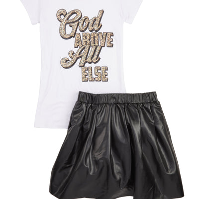 Girls God Above All Else Tee and Pleated Skirt