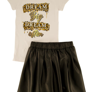 Girls Dream Graphic Print Top and Faux Leather Skort