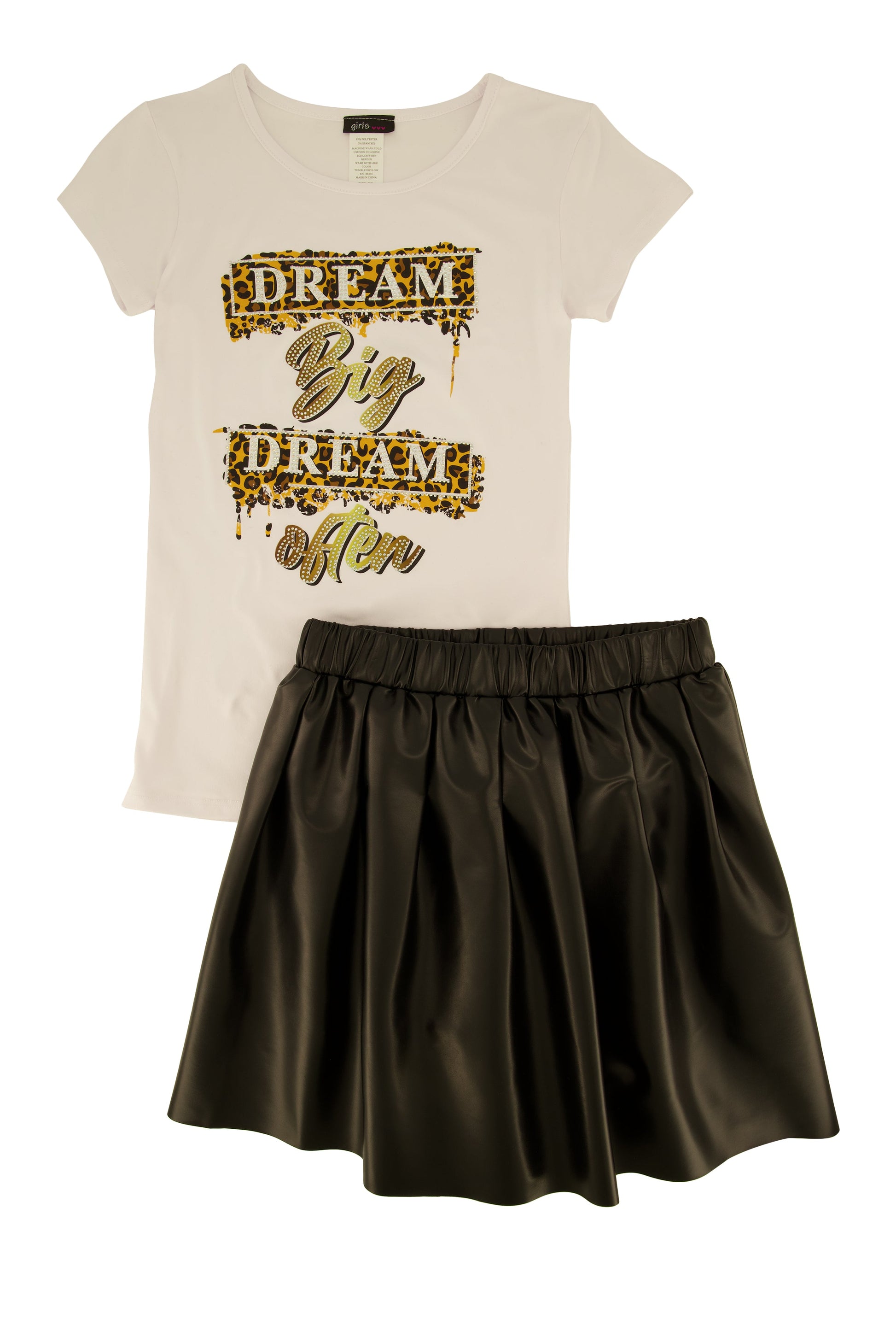 Girls Dream Graphic Print Top and Faux Leather Skort