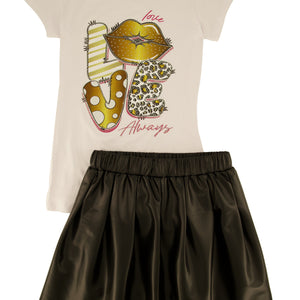 Girls Love Graphic Tee and Faux Leather Pleated Skirt