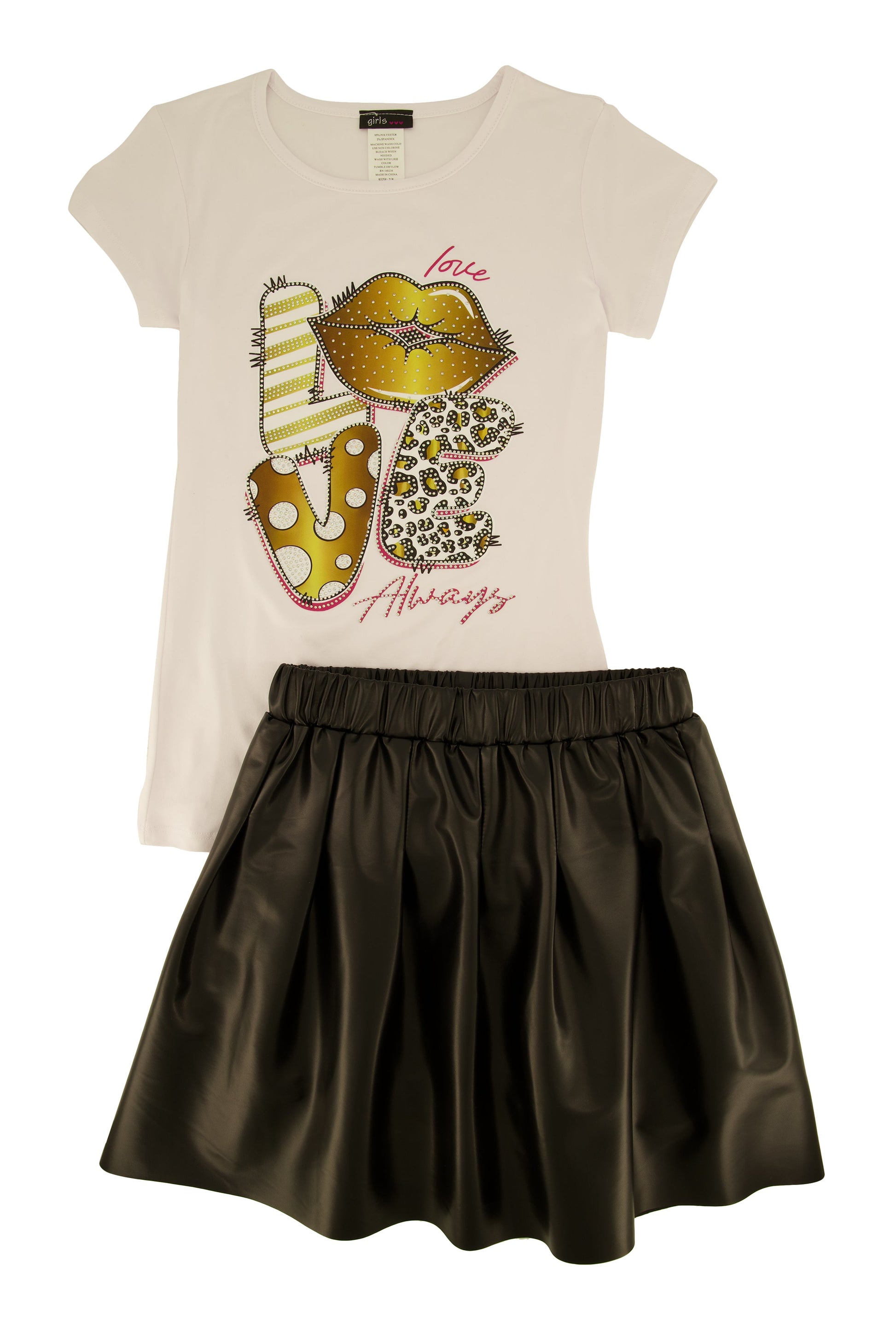 Girls Love Graphic Tee and Faux Leather Pleated Skirt