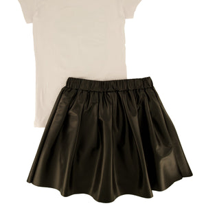 Girls Love Graphic Tee and Faux Leather Pleated Skirt