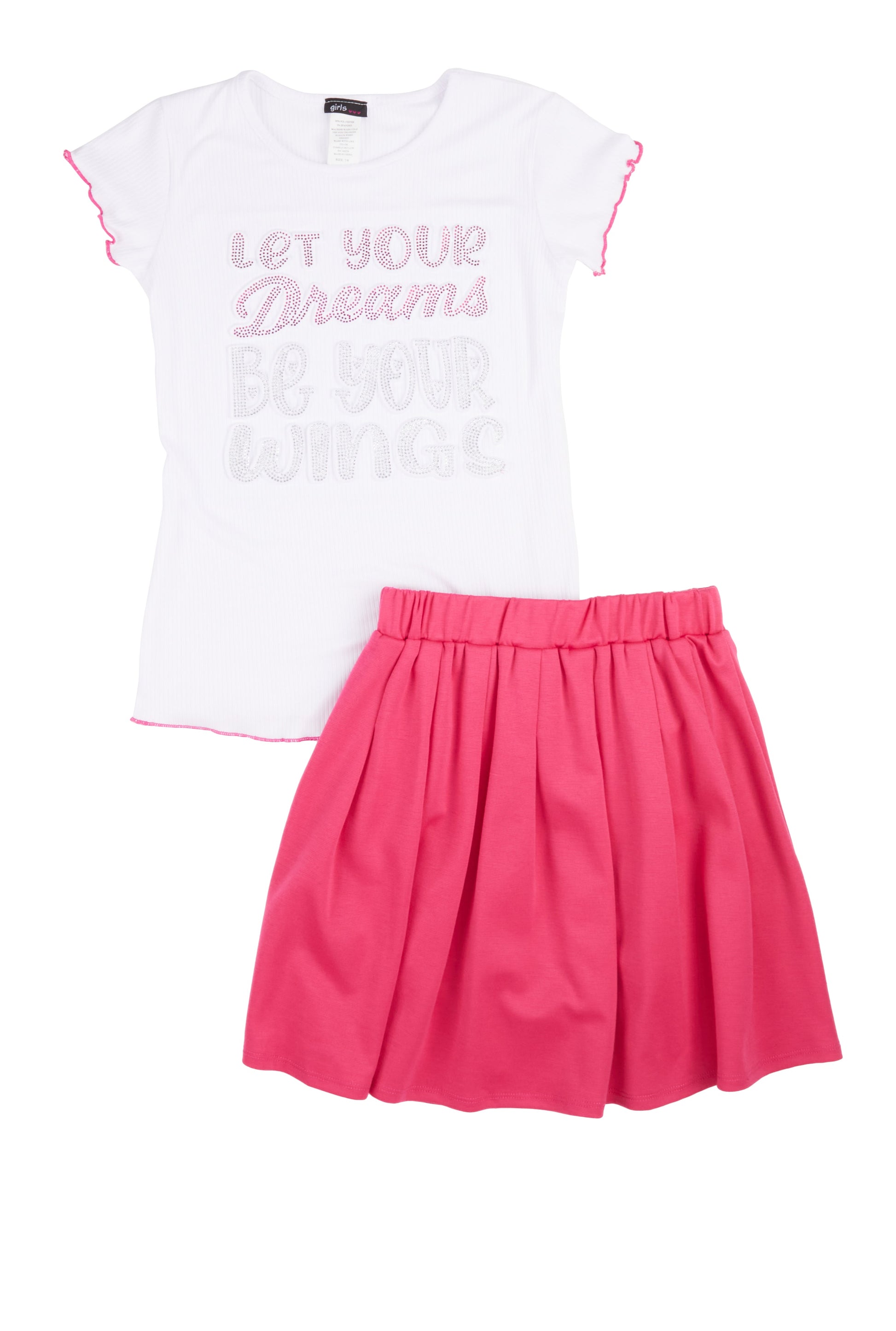 Girls Rhinestone 3D Graphic Top and Pleated Skirt