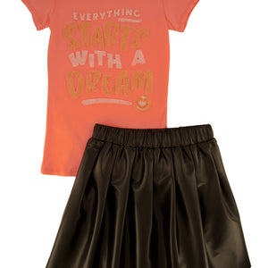 Girls Dream Graphic Top and Faux Leather Pleated Skort