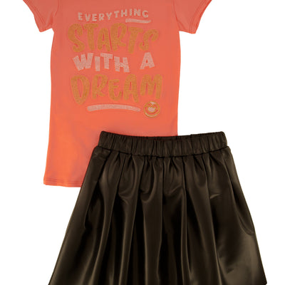 Girls Dream Graphic Top and Faux Leather Pleated Skort