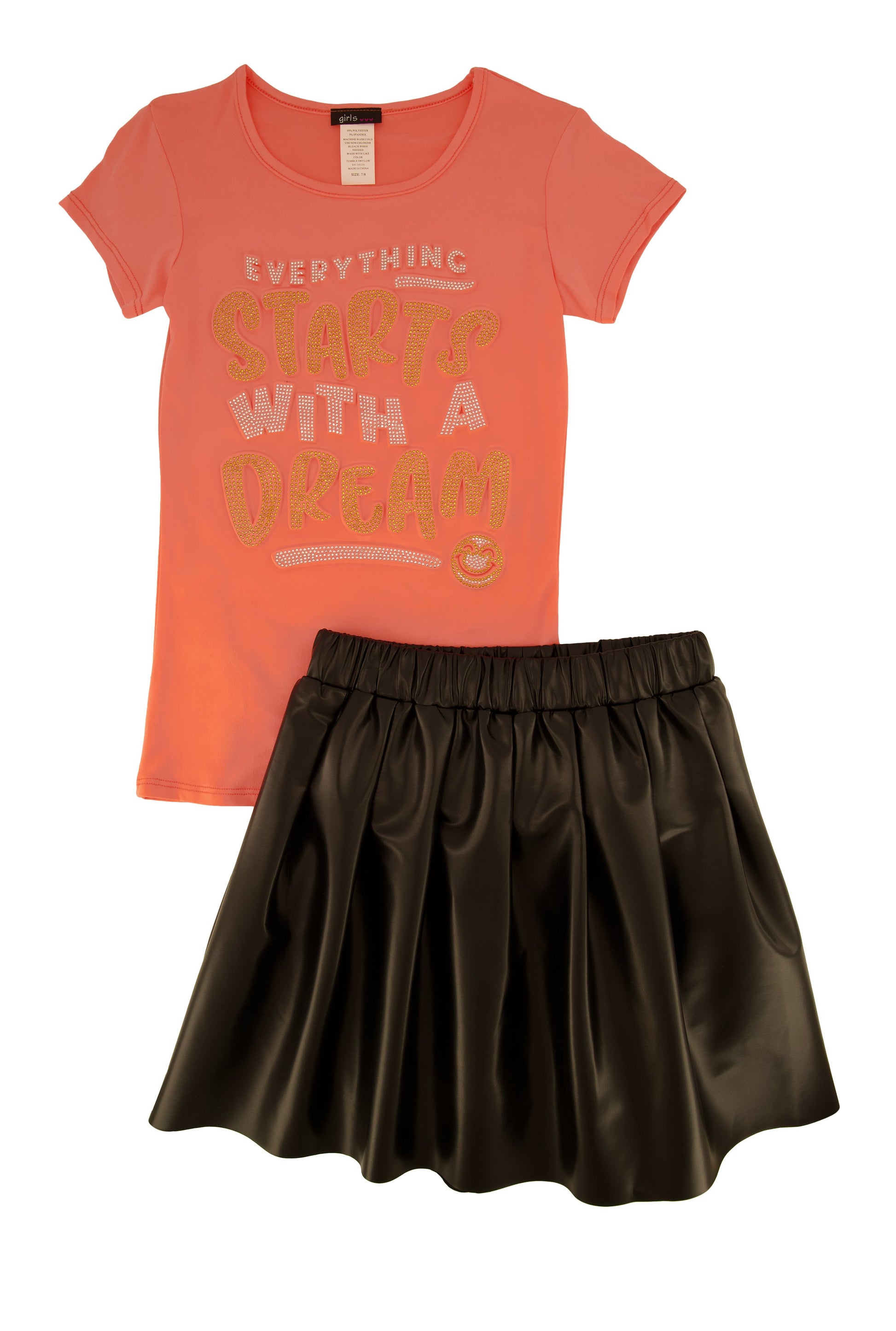 Girls Dream Graphic Top and Faux Leather Pleated Skort