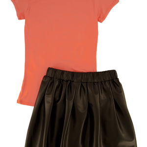 Girls Dream Graphic Top and Faux Leather Pleated Skort