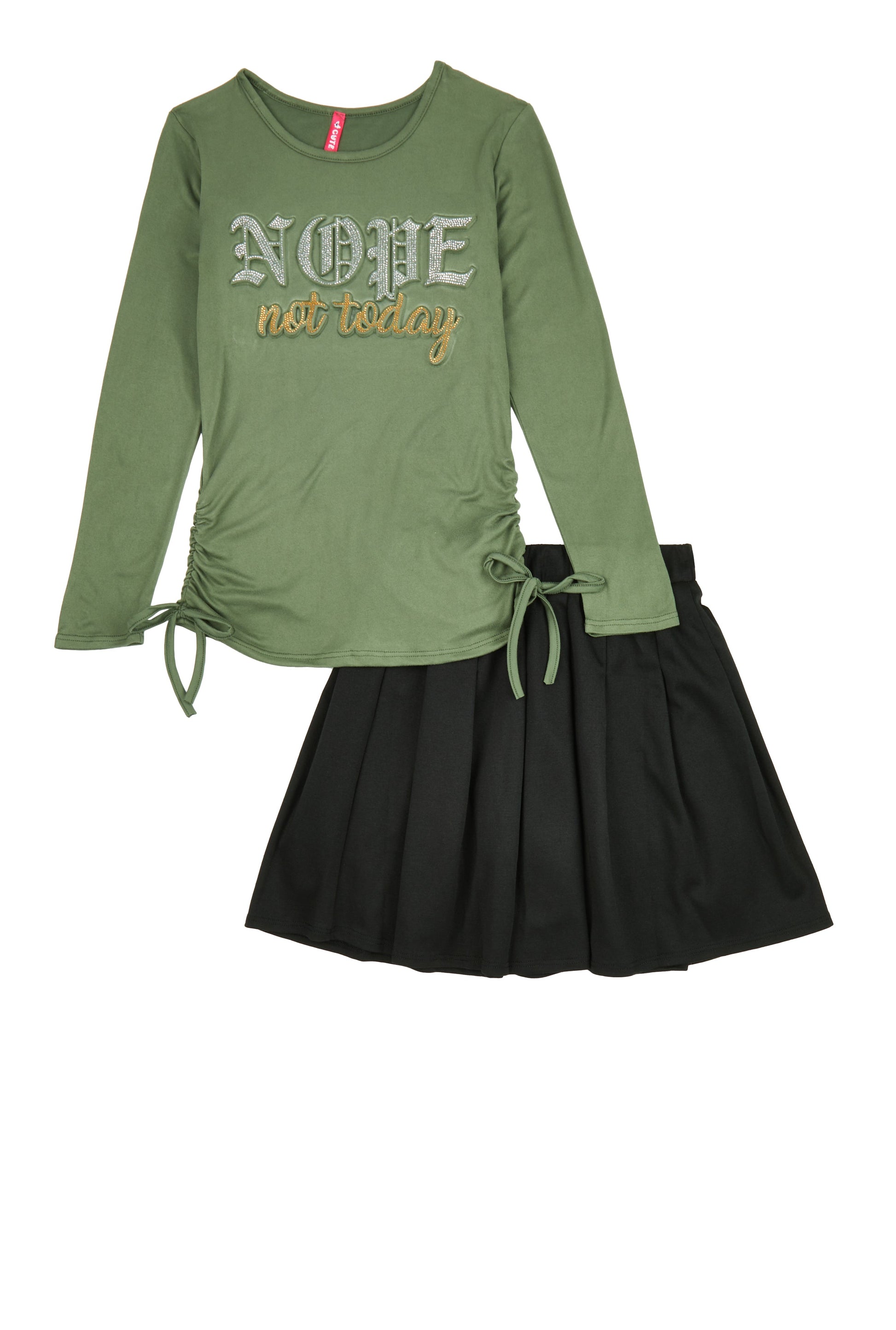 Girls Rhinestone Nope Not Today Top and Pleated Skirt