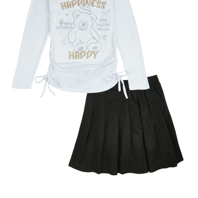 Girls Happiness Bear Rhinestone Graphic Top and Pleated Skirt