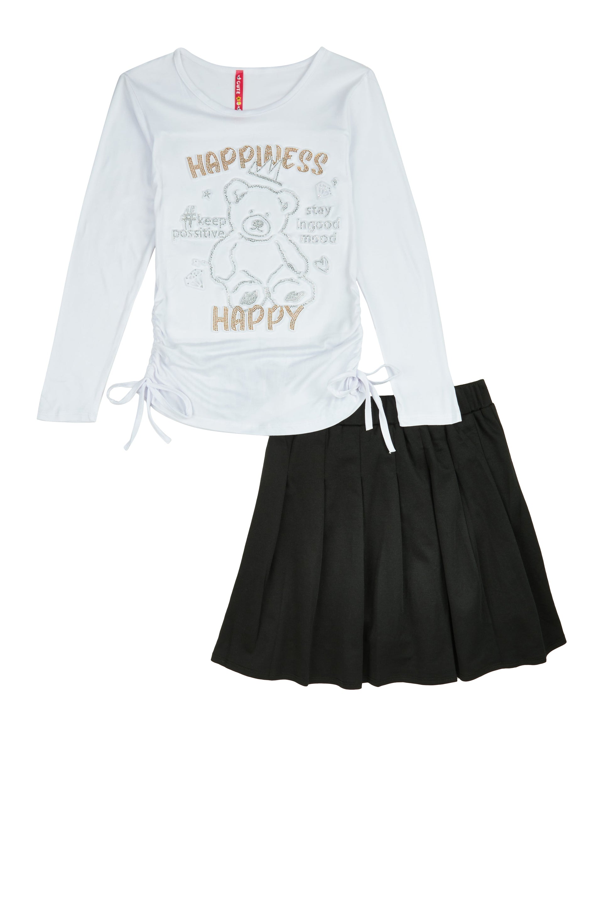Girls Happiness Bear Rhinestone Graphic Top and Pleated Skirt