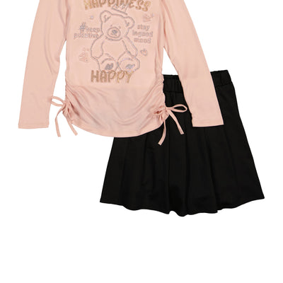 Girls Happiness Bear Rhinestone Graphic Top and Pleated Skirt