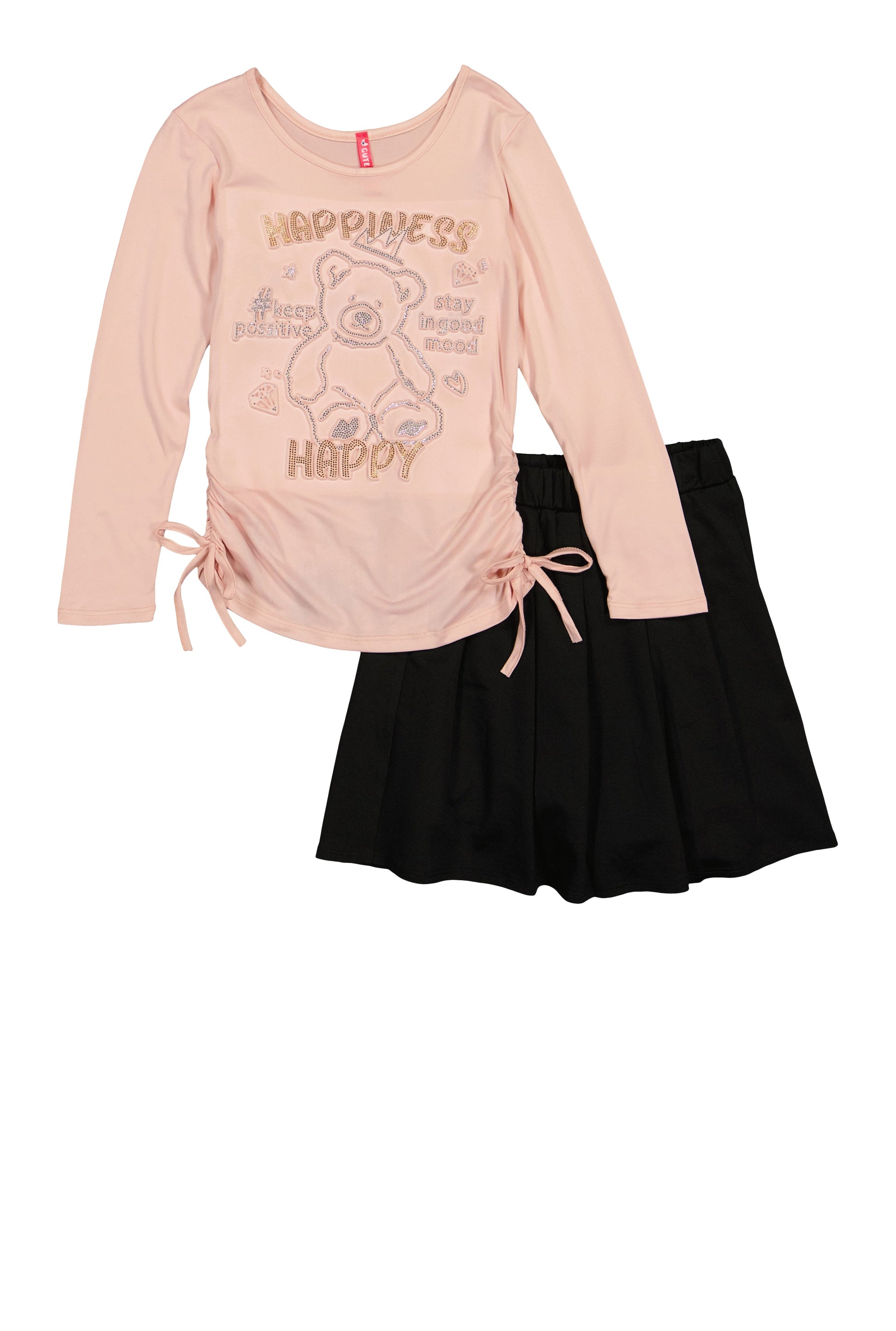 Girls Happiness Bear Rhinestone Graphic Top and Pleated Skirt