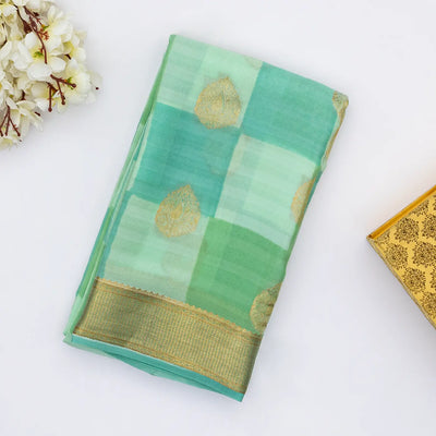Aquamarine Mysore Crepe Silk Saree With Printed Checks & Buttas