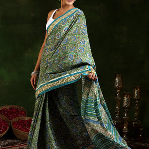 Green Printed Cotton Saree With Unstitched Blouse Piece