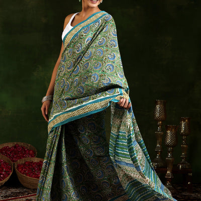 Green Printed Cotton Saree With Unstitched Blouse Piece