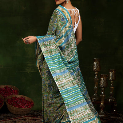 Green Printed Cotton Saree With Unstitched Blouse Piece
