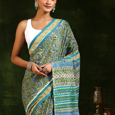 Green Printed Cotton Saree With Unstitched Blouse Piece