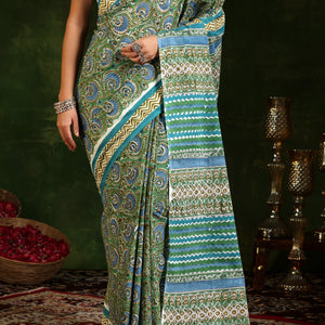Green Printed Cotton Saree With Unstitched Blouse Piece