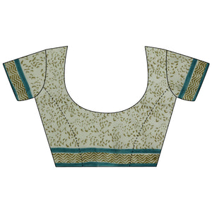 Green Printed Cotton Saree With Unstitched Blouse Piece