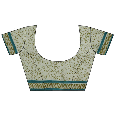 Green Printed Cotton Saree With Unstitched Blouse Piece