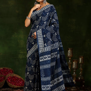 Indigo Printed Cotton Saree With Unstitched Blouse Piece