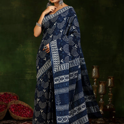 Indigo Printed Cotton Saree With Unstitched Blouse Piece