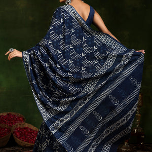 Indigo Printed Cotton Saree With Unstitched Blouse Piece