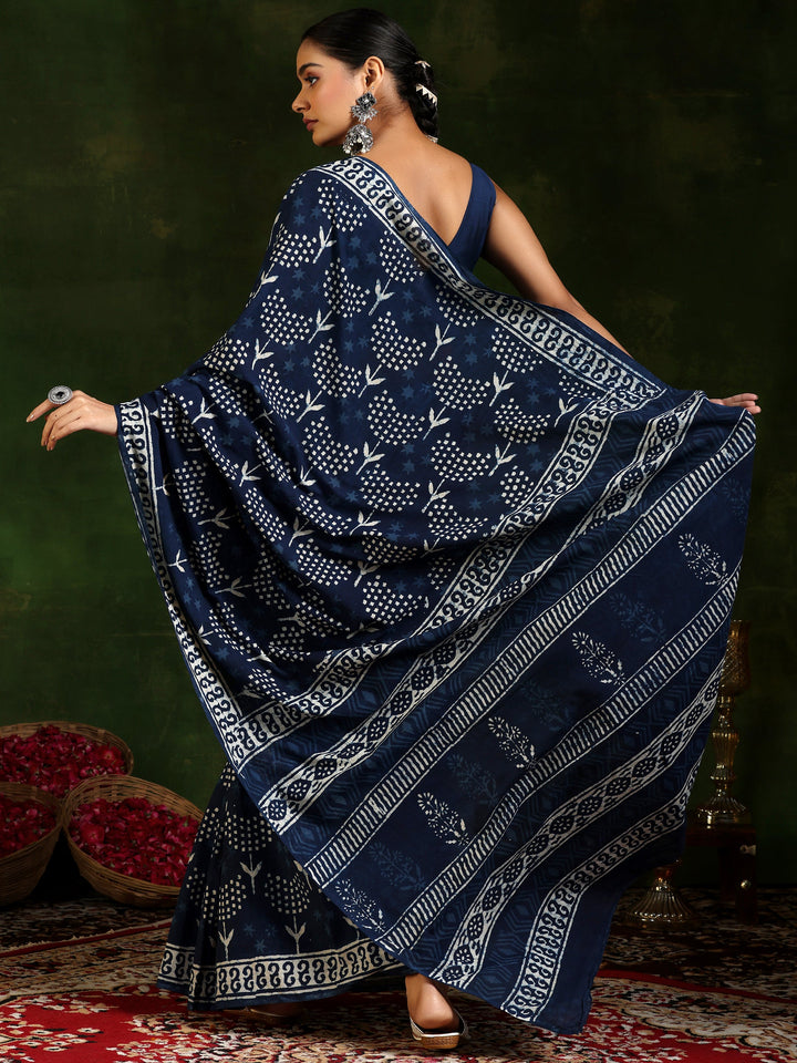 Indigo Printed Cotton Saree With Unstitched Blouse Piece