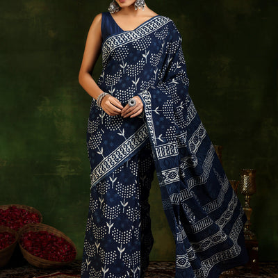 Indigo Printed Cotton Saree With Unstitched Blouse Piece