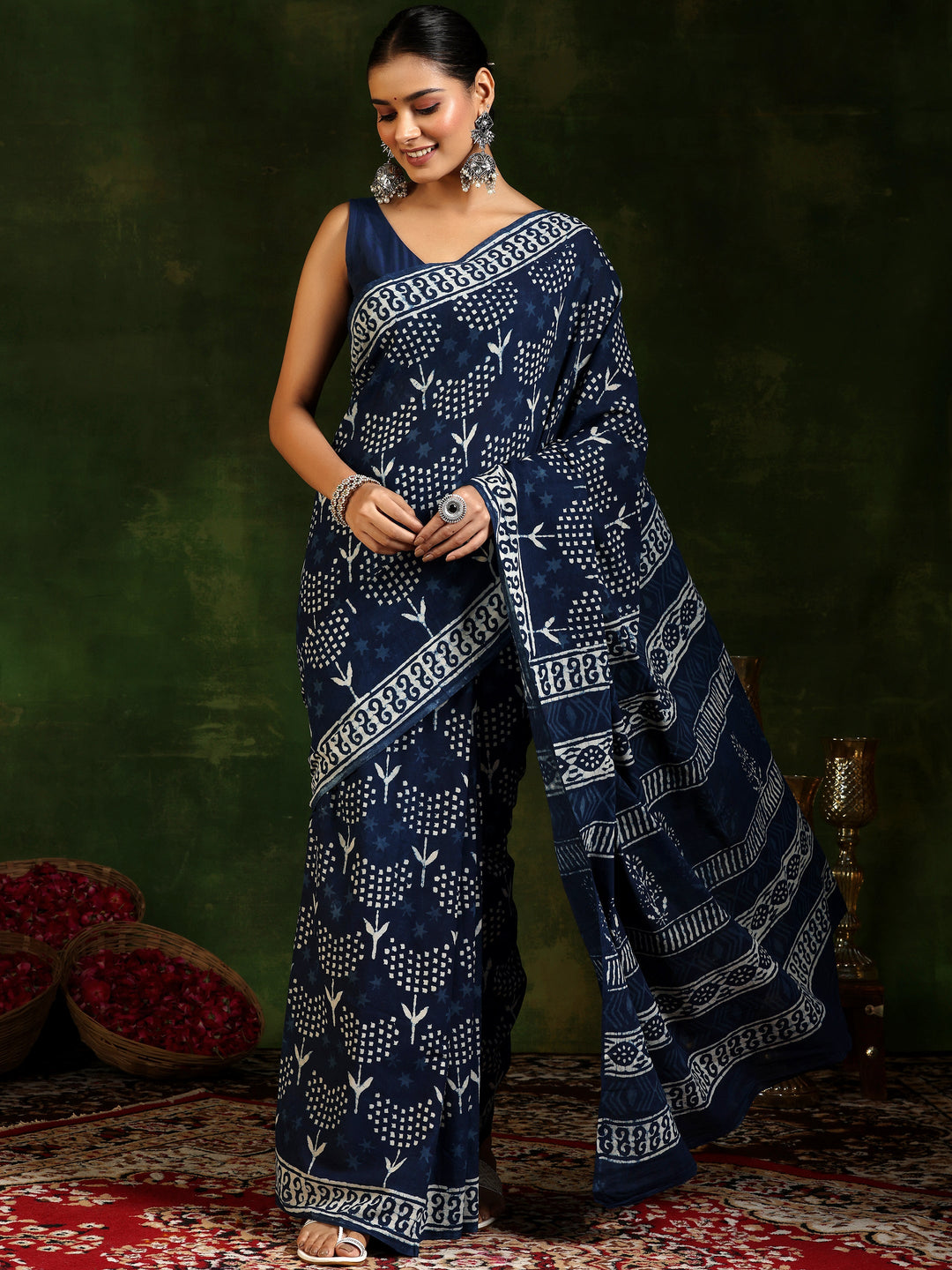 Indigo Printed Cotton Saree With Unstitched Blouse Piece