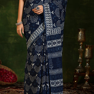 Indigo Printed Cotton Saree With Unstitched Blouse Piece