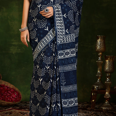 Indigo Printed Cotton Saree With Unstitched Blouse Piece