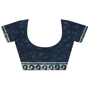Indigo Printed Cotton Saree With Unstitched Blouse Piece