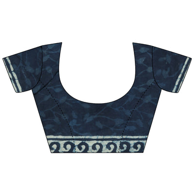 Indigo Printed Cotton Saree With Unstitched Blouse Piece