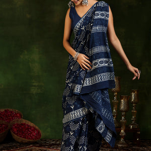 Indigo Printed Cotton Saree With Unstitched Blouse Piece