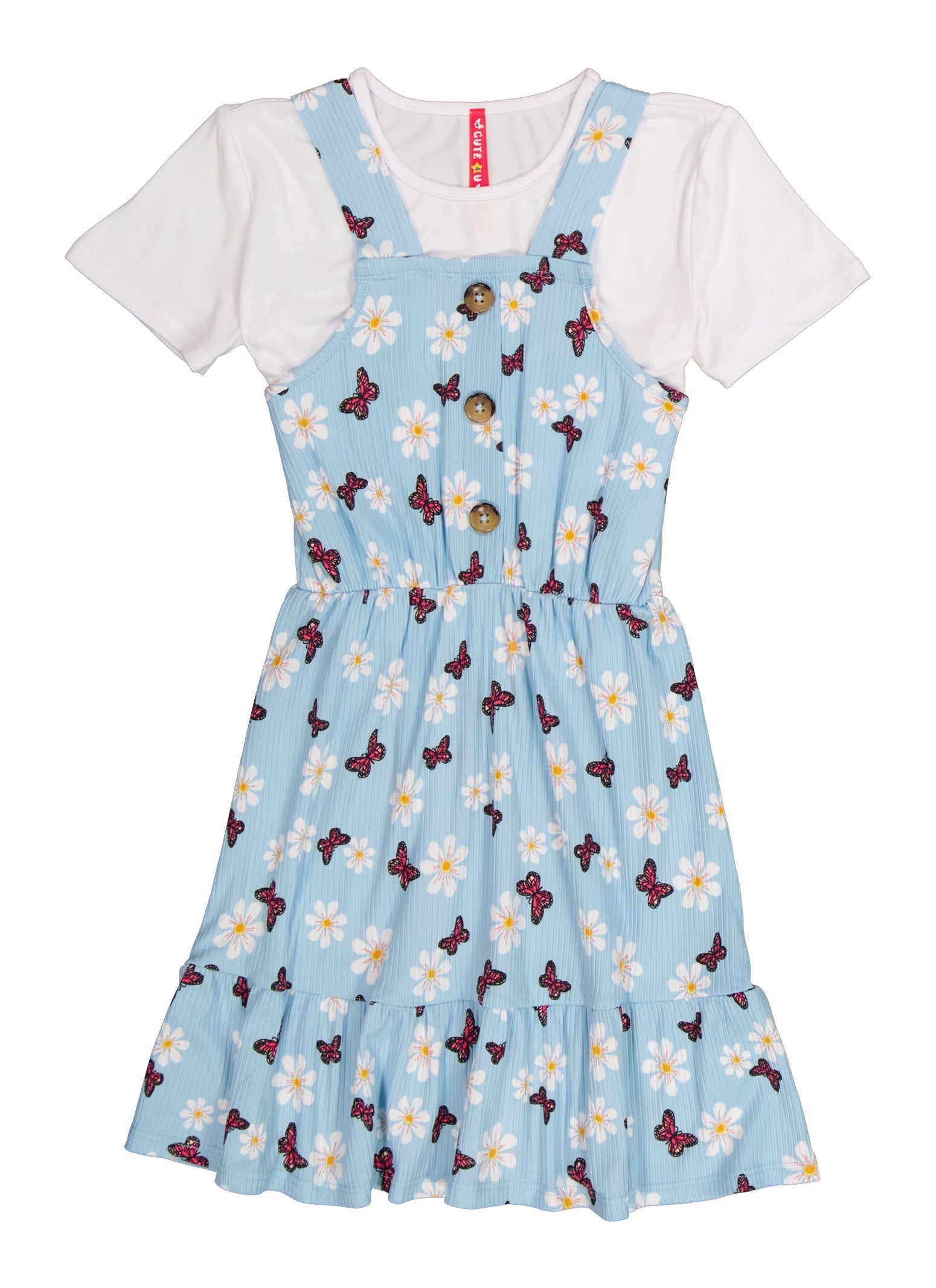 Little Girls Ribbed Butterfly Print and Short Sleeve Top