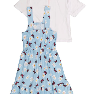 Little Girls Ribbed Butterfly Print and Short Sleeve Top