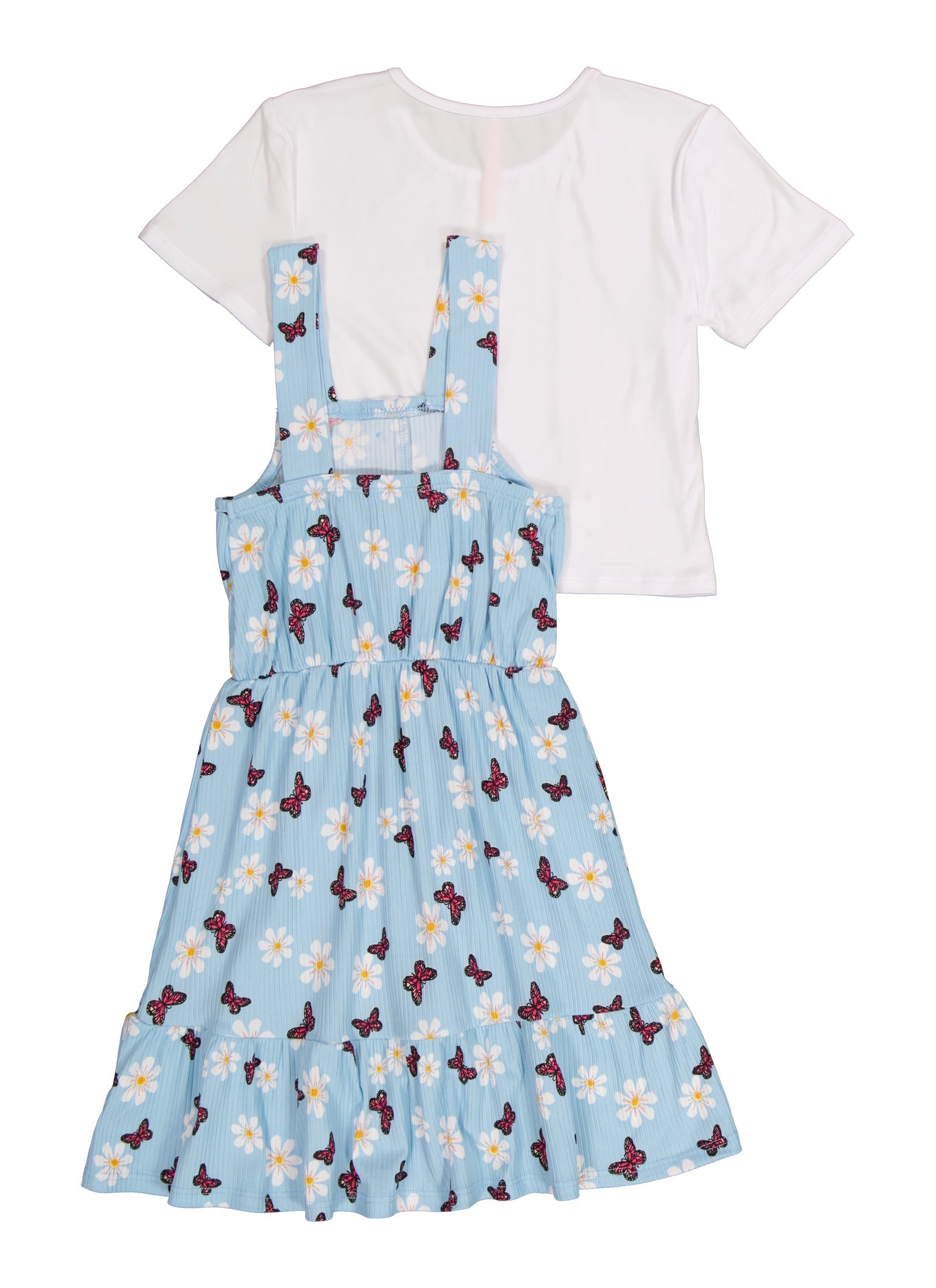 Little Girls Ribbed Butterfly Print and Short Sleeve Top