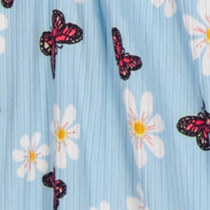 Little Girls Ribbed Butterfly Print and Short Sleeve Top